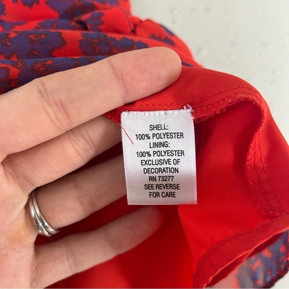 🦋 Elle Red Blue Floral Ruffle Belted Blouse Office Casual Large - Picture 3 of 4